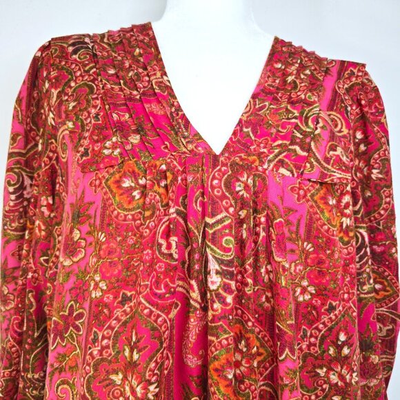 Julia Jordan Red Pink Floral Paisley Pleated V Neck Boho Tiered Flowy Maxi Dress - Picture 3 of 14